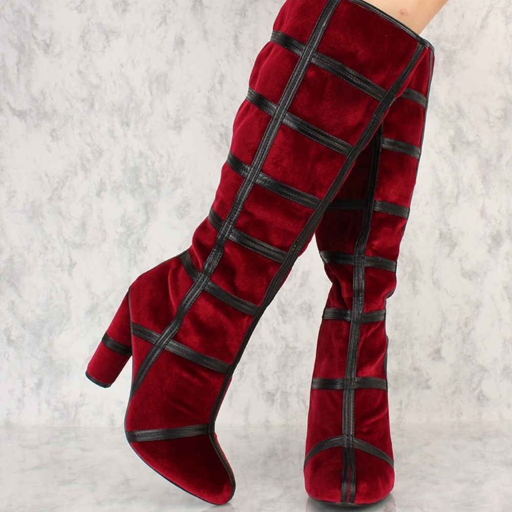 NEW Knee High Heels Red Velvet Boots